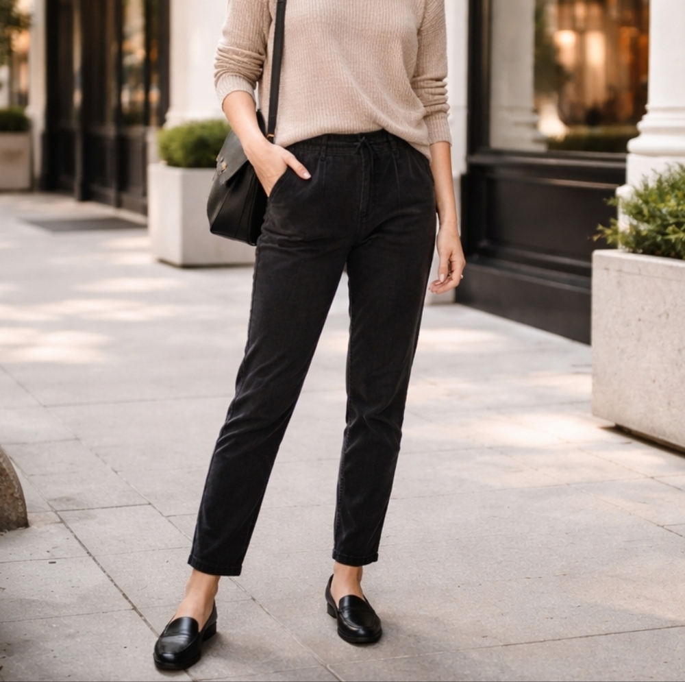 Eileen Fisher Black Corduroy Pull-On Pants Cotton Blend Minimalist Chic Comfort